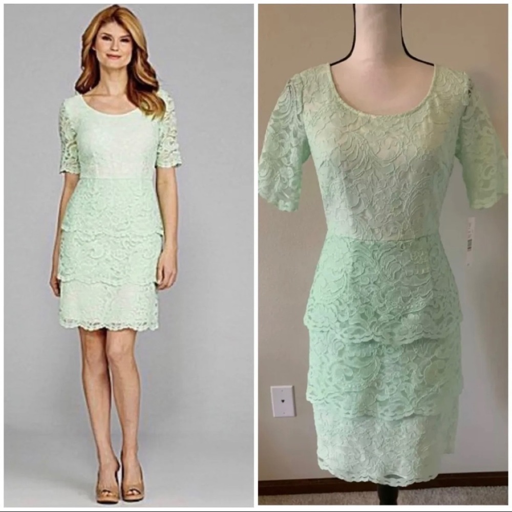 Antonio Melani Sz 6 Mint Green Tiered Scalloped Lace Sheath Shift Dress